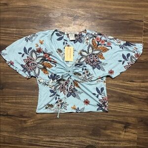 American Rag Light Blue Floral Ruched V-Neck Crop Top